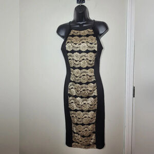 January 7 Black and Gold Bodycon Halter Midi Dress sz M